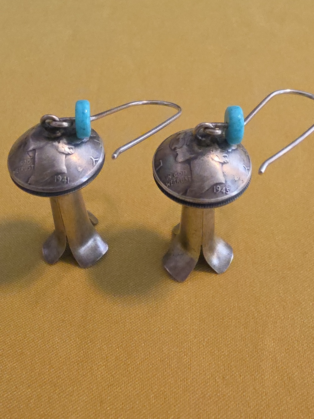 Navajo squash blossom earrings made with repurposed Mercury silver dimes 1941&45
